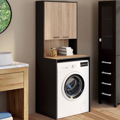 Mueble superior para lavadora WALLIS con armario negro y madera efecto haya (1/5)