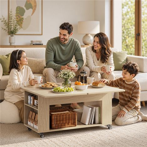 Yaheetech Tavolino da Salotto Pieghevole e Ruotabile 95x95x48.5 cm, Rovere (1/5)