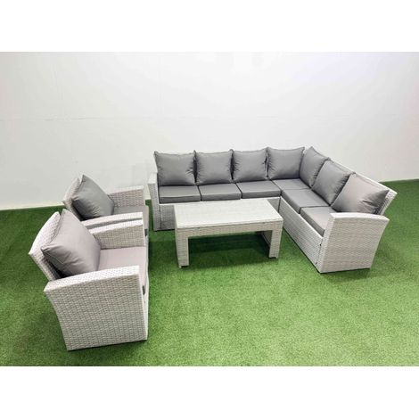 Fimous Rattan Garden Furniture Set 5 Pieces Outdoor Garden Sofa Oblong Coffee Table Set with 2 Chairs Light Grey Mixed (1/5)