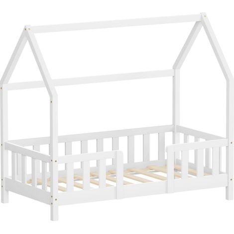 ML-Design Kinderbett Hausbett 70x140 cm mit Rausfallschutz, Dach & Lattenrost, Weiß, Bettgestell aus massivem Kiefernholz, Montessori Bodenbett, Holzbett für Mädchen & Jungen, Jugendbett, Einzelbett