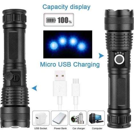 Lampe torche LED CREE XHP50 ultra puissante, 3 000 lumens, rechargeable par USB, 5 modes, étanche IP65, zoom militaire, pour le camping et la randonnée (piles non incluses) (1/4)