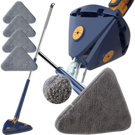 Balai-serpillère triangulaire professionnel, rotatif à 360 degrés, avec essoreuse, chiffon en microfibre + 4 cartouches remplaçables (1/5)