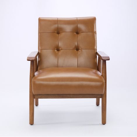 Poltrona in pelle marrone chiaro con braccioli color noce e gambe in legno di caucciù (1/5)