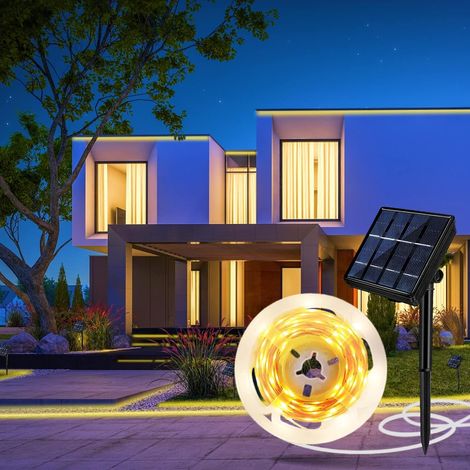 Solaire Ruban LED Exterieur 5m, Blanc Chaud 2700K Bande LED Exterieure Autocollante avec Télécommande, 320 LEDs, Dimmable, 8 Mode, IP65 Étanche, Découpable Lumineuse pour Pavillon, Balcon [Classe éner (1/5)