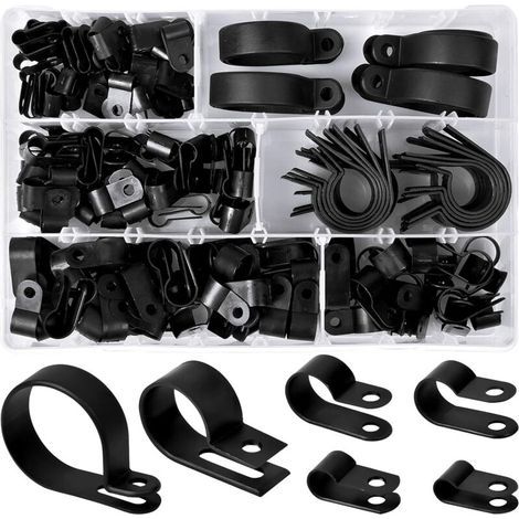 200 Stück Nylon-Kunststoffclips, R-Clips, Rohrbefestigungsklemmen, 6 Größen 3/16'' 1/4'' 3/8'' 1/2'' 3/4'' 1 1/8'' Befestigungselemente für Leitungen, Kabel, Schläuche (Schwarz) (1/5)