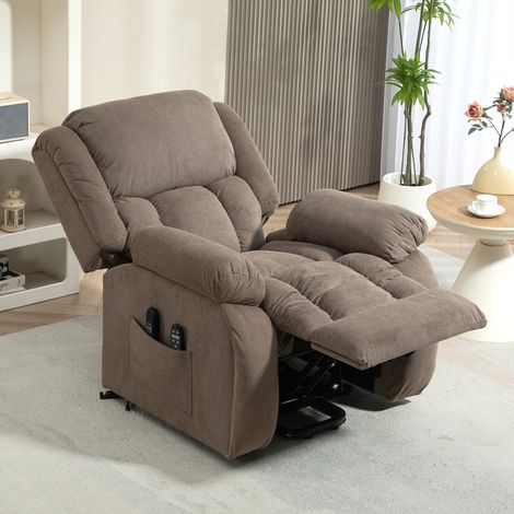 Sillón reclinable con función de masaje y calefacción, elevador eléctrico, mando a distancia, bolsillos laterales, color marrón claro. (1/5)