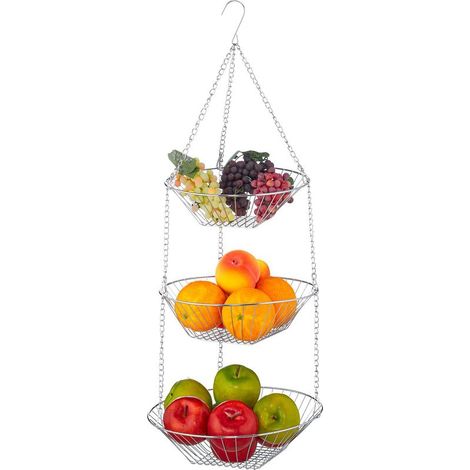 Panier suspendu 3 étages,corbeilles accrochées fruits, au plafond, peu de place dans la cuisine, acier,argent (1/5)