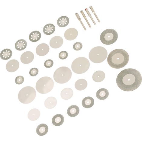 Ensemble de 37 disques de coupe diamantés en acier inoxydable avec mandrins, compatibles avec les outils rotatifs. (1/5)