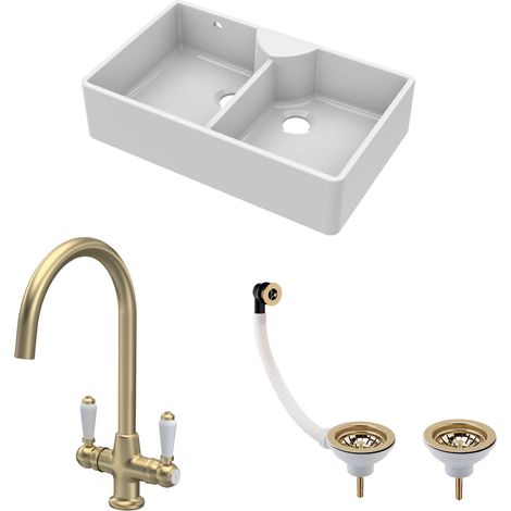 Fireclay Kitchen Bundle - 895mm Double Bowl Stepped Weir Butler Sink with Wastes & Mono Lever Tap - Brushed Brass Balterley (1/5)