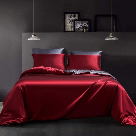 Bettwäsche-Set Satin 220x240 cm Rot Weinrot Dunkelgrau Wendebettwäsche mit Reißverschluss