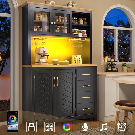 Buffet / Meuble de rangement / Meuble de cuisine, 105,5 x 40 x 180 cm, style campagnard, 4 portes, avec éclairage LED et porte-gobelets, vert/noir/blanc (1/5)