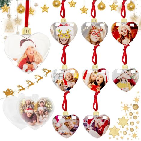 Lot de 8 boules de Noël personnalisées - Décoration de Noël - Cadre photo - Avec pendentif en forme de cœur - En plastique transparent - Décoration de sapin de Noël pour fête et famille (1/5)