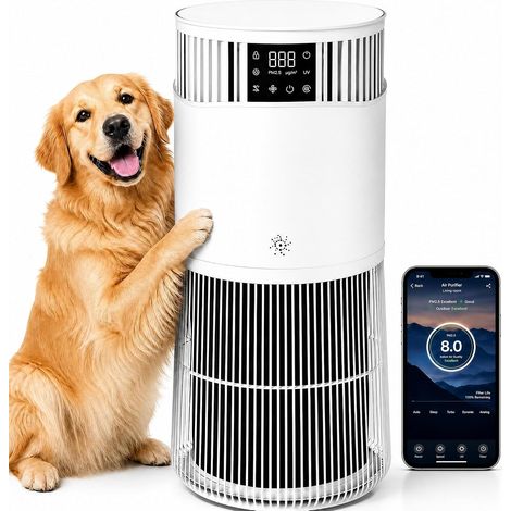 Purificateur d'air avec HEPA + filtre à charbon actif, CADR 490 m³/h pour jusqu'à 50 m², voiture et application, mode veille silencieux 24 dB, affichage PM2,5, aromathérapie, minuterie, sécurité (1/5)