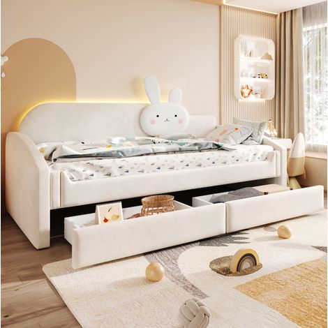 Divano letto per bambini 212x97x106.5 cm, con cassetti, illuminazione LED, tessuto in velluto, beige (1/5)