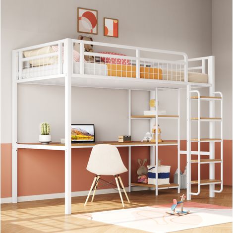 MEUBLIV lit mezzanine 90x200 cm blanco – con escritorio y estantes integrados, sin colchón (1/5)