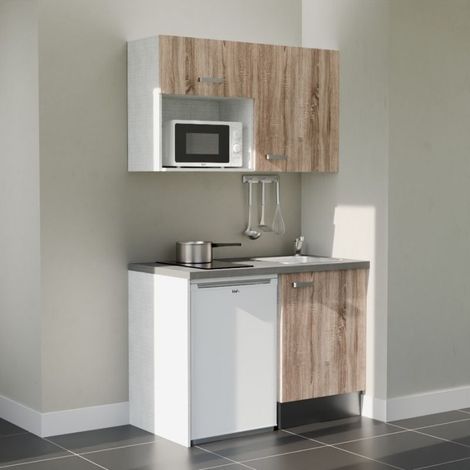 Kitchenette K07L-PT - 120 cm - plan stratifié, évier inox, - Façade Bois - Plan Gris béton - Evier Inox - Crédences Non + Electroménager inclus coloris Blanc