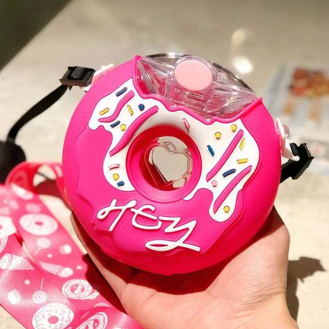 Gourde en forme de donut pour enfants, été, bébés de maternelle, gobelet à paille, élèves du primaire, jolie gourde portable antichoc avec poudre de bonbon et bandoulière, 380 ml. (1/5)