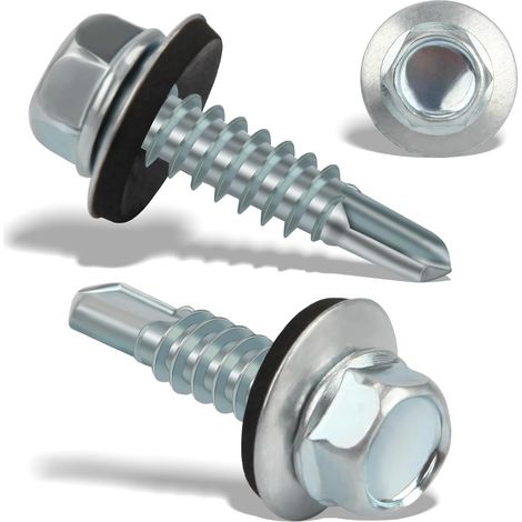 60 tornillos autorroscantes de metal de 6,3 x 25 mm, de acero inoxidable, hexagonales, para metal, impermeables, con sello, para láminas de techo, autorroscantes para mayor fijación (plateados). (1/5)