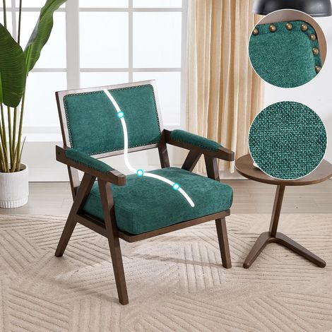 poltrona relax 66.5 x 66 x 88 cm - design Mid-Century con braccioli et finitura con borchie - struttura in legno massello - Tissu lino - verde bosco