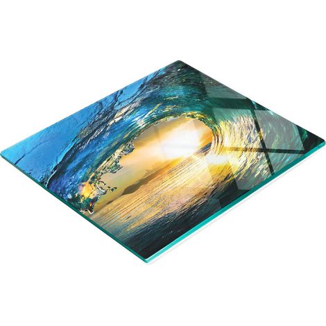 Tablero decorativo multifuncional de vidrio templado con dise帽o de olas marinas, 60x52 cm.