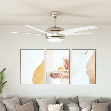 Ventilateur de plafond avec lampe 128 cm blanc, boîtier chromé et pales MDF, 3 vitesses, télécommande incluse, douille E27 (1/5)