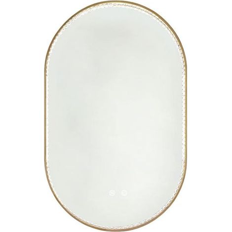 Miroir de salle de bain ovale 50x80 cm avec éclairage LED, fonction anti-buée et cadre doré brossé orné de cristaux (1/5)