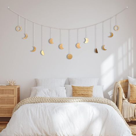Mondphasen Girlande, Wanddeko Boho, Mond Girlande Aesthetic Room Wandbehang Decor Wohnzimmer, Schlafzimmer, Ramadan Boho Deko Girlande Gold 144cm 13 Monde, mit LED Lichterkette