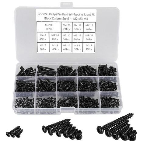 625 Pièces - Vis Autotaraudeuses - Vis à Bois - Tête Cylindrique Phillips Noir Acier Carbone pour Meubles Bricolage Bureau M2 M3 M4 (1/5)