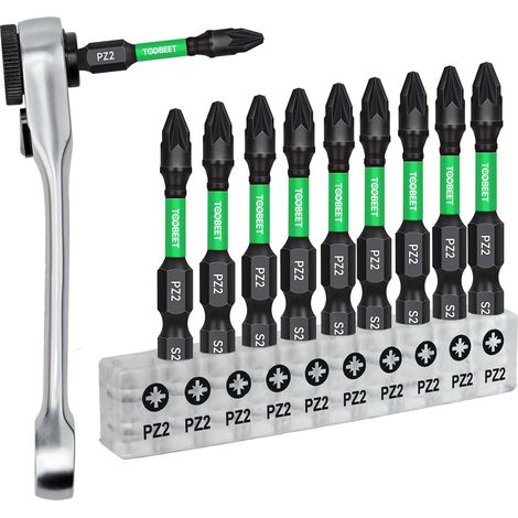Jeu de 11 Embouts de Vissage Pozidriv PZ2(50mm) avec Mini Clé à Cliquet, Acier S2 Magnétiques, Embouts Haute Fréquence pour Visseuse à Choc (1/5)