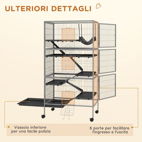 Cage à étages pour lapins avec 4 accès, cadre en acier et PP, hamac fourni, dimensions 80x52x159 cm (1/5)