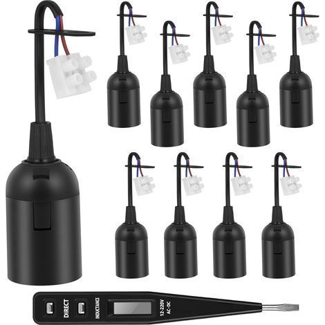 Lot de 10 Douille E27, Câble 12cm, Plastique Noir, Testeur Tension, Rénovation Éclairage (1/5)