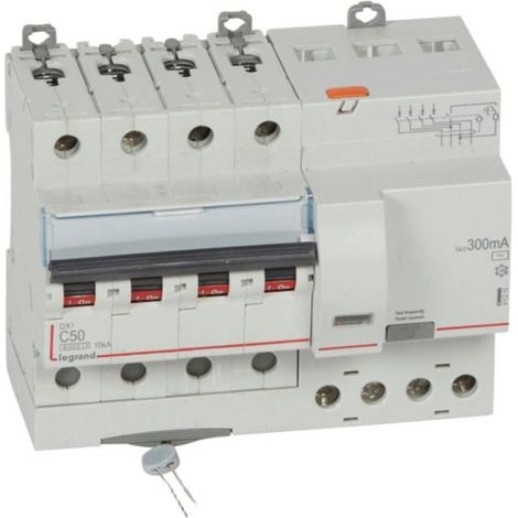 Disjoncteur différentiel monobloc DX³6000 10kA arrivée haute et départ bas à vis 4P 400V - 50A - typeAC 300mA - LEGRAND