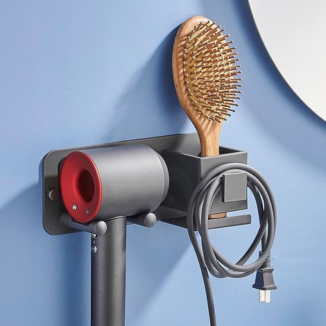 Wandmontierter, selbstklebender Haartrocknerhalter aus Aluminium mit Ablagefach und Kabelmanagement, Haartrocknerhalterung ohne Bohren für Friseursalons und Badezimmer, Grau