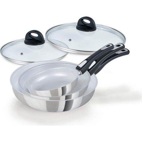 Genius Cerafit Steel - Set di 5 padelle in ceramica 20 24 28 cm con rivestimento antiaderente antigraffio + coperchio in vetro, padelle a induzione con manico rimovibile per tutti i piani cottura (1/4)