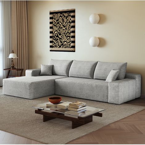 Divano angolare modulare 270 cm in tessuto, con chaise longue a sinistra, grigio OKMYHOME (1/5)