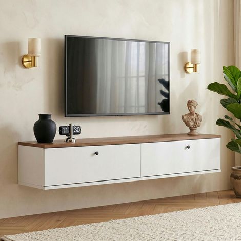 Meuble TV suspendu 2 portes décor pin et blanc 140 cm MARFA (1/5)
