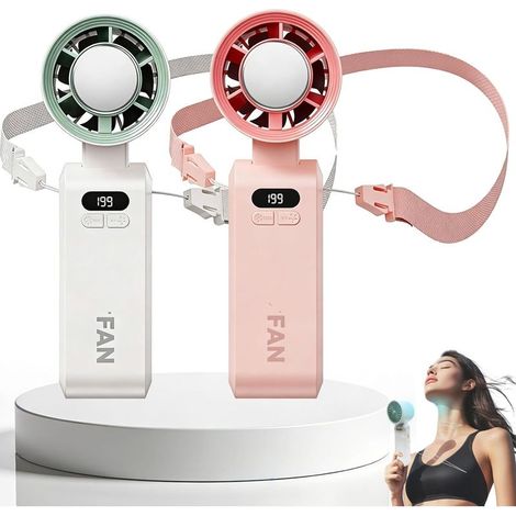 2 Ventilateurs Portables Turbo, Refroidissement Rapide, Ventilateur Main et Tour de Cou Rechargeable 199 Vitesses(Blanc et rose) (1/5)