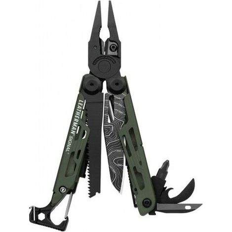 Leatherman LTM-832692 Alicate Multiusos Signal en color Topo verde con 19 funciones, hoja de acero 420HC/carbono y DLC negro de 6,9 cm ideal para Supervivencia. Incluye Silbato de emergencia, Varilla (1/4)