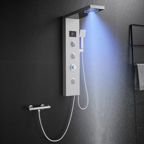 Colonne de douche sans robinet, panneau de douche 6 fonctions avec affichage LED de la température, douche à effet pluie, douche brumisée, 2 modes de jets de massage, douchette à main et bec (1/5)