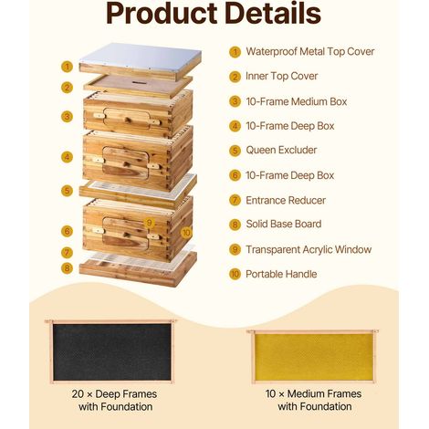 Ruche Langstroth 30 cadres kit apiculture, bois sapin ciré abeille, 2 corps profonds + 1 moyen, fenêtres acrylique transparentes avec cires, débutant apiculteur pro (1/5)