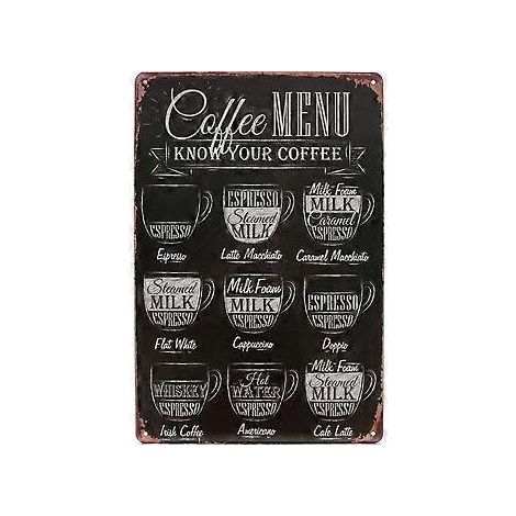 Carte des cafés : Connaissez votre café - Panneau mural rétro en métal pour bar/pub