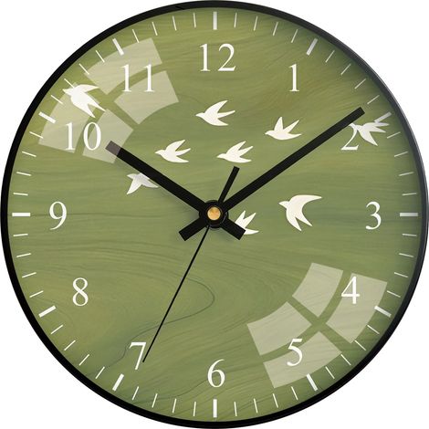 Horloge murale à remontage automatique (10 pouces), facile à lire, silencieuse (sans tic-tac), motif d'hirondelle verte, alimentée par piles. (1/5)