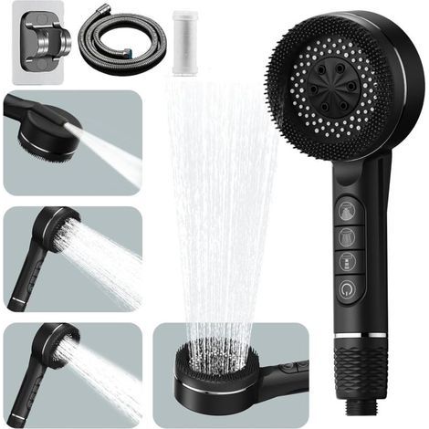 Pommeau de douche haute pression, 4 jets, livré avec un flexible de 1,5 mètre et un support, douchette à main - noir (1/5)
