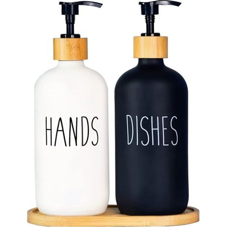 Set dispenser di sapone da 500 ml con ripiano – per detersivo per piatti e sapone liquido ricaricabile, pratico, salvaspazio ed elegante per cucina e bagno - Crezuo