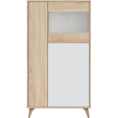 Vetrina Atlanta, Vetrinetta moderna a 3 ante, Credenza da soggiorno o salotto, Madia alta con ripiani, 77x33h142 cm, Rovere e Bianco (1/5)