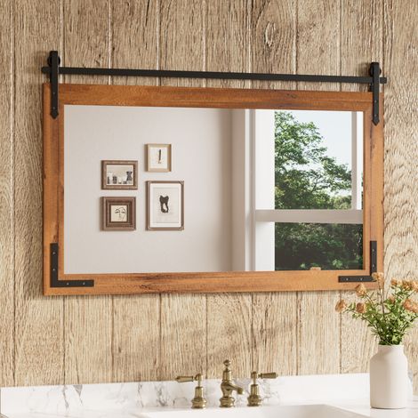 Keonjinn Spiegel mit Holzrahmen 100x60cm, brauner Wandspiegel rechteckig, rustikaler Scheunenstil, Dekospiegel mit geraden Ecken, HD-gehärtetes Glas, horizontal oder vertikal, für Bad, Flur, Wohnzimme (1/5)