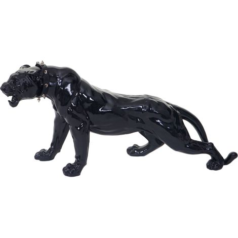 [JAMAIS UTILISÉ] Figure de décoration léopard, 59cm, sculpture, polyrésine, noir poli fin avec collier (1/5)