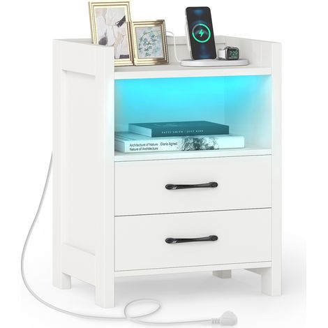 COSTWAY Nightstand LED Bedside Table with LED Lights & Power Outlets-White (1/5)