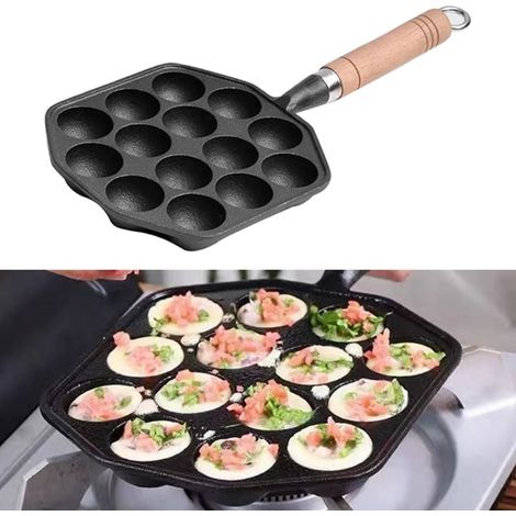 Poêle à takoyaki antiadhésive en fonte à 14 trous pour préparer des boulettes de poulpe, avec une poignée amovible pour cuire des crêpes à la maison (1/5)
