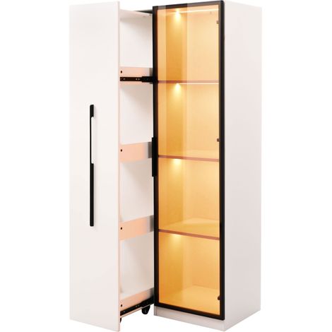 Armoire multifonction 160 cm avec vitrine en verre trempé, étagère latérale coulissante, cadre aluminium, LED intégrées, roulettes (1/5)
